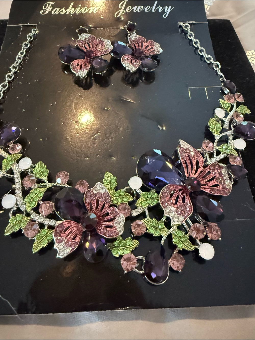 Floral Crystal Statement Necklace & Earrings - Purple, Pink & Green